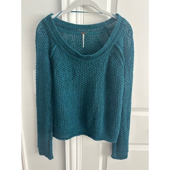 Free People Chunky Knit Wide-Neck Pullover Sweater Size: Small Color: Teal - Picture 2 of 10